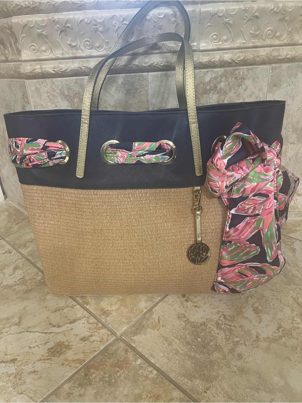 Lilly Pulitzer Navy and Natural Straw Tote with Pink Floral Scarf